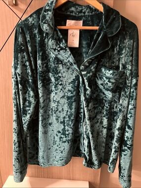 Lord & Taylor Crushed Velvet Button-Up Sleep Shirt Size XL NWOT Forest Green